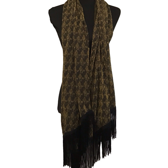 Black Gold Metallic Fringe Scarf Shawl Wrap Evening Wedding Party 75"x18" - Picture 6 of 11